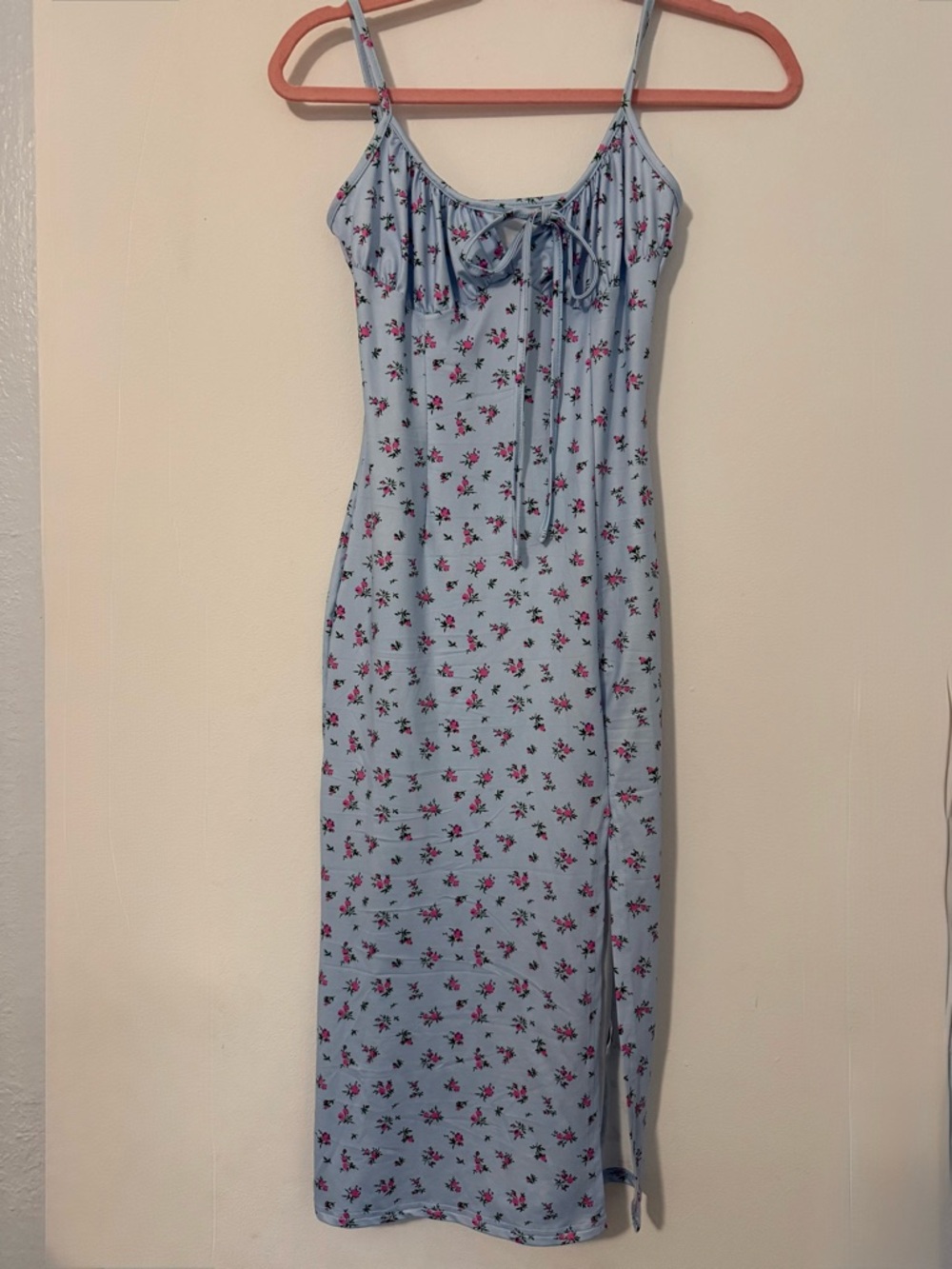 Light Blue Floral Slip Dress with Tie Front